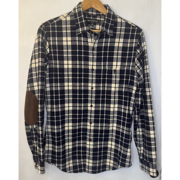 J Crew Flannel Shirt Men's Size Small Blue Plaid Elbow Patches Mercantile Flex - Picture 1 of 9